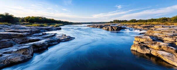 River rapids landscapes dramatic concept. Tranquil river flowing between scenic rocks under a bright blue sky.