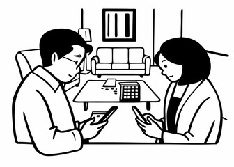 Fototapeta premium A multicultural serious couple is doing home finance calculations on the phone while sitting in an apartment.