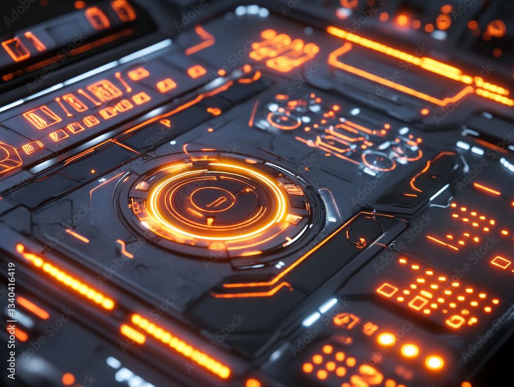 Poster a close up of a futuristic interface with glowing orange lights and intricate details on a dark surf