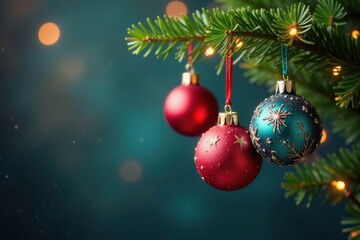 Fototapeta premium Hanging colorful Christmas decorations from a tree branch, Outdoor decor, Winter decor