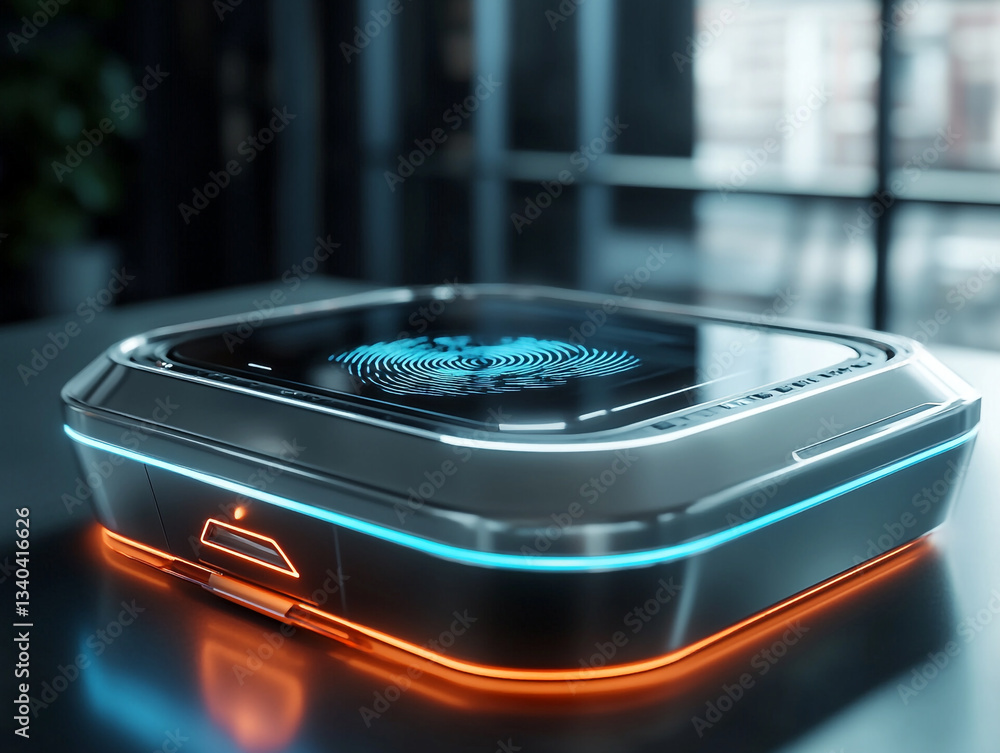 Poster futuristic device with fingerprint scanner on a table with neon lights and blurred background