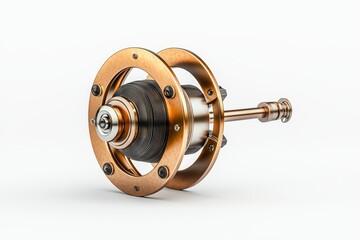 Close-up view of a polished turbocharger component with bronze accents, showcasing intricate engineering and design details.