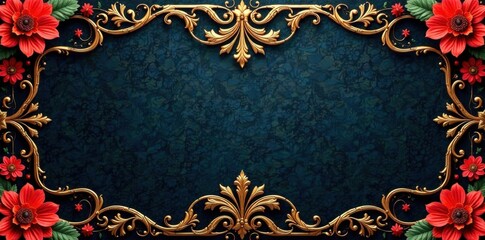 Intricate damask design featuring gold accents and red florals, patterns, gold accents