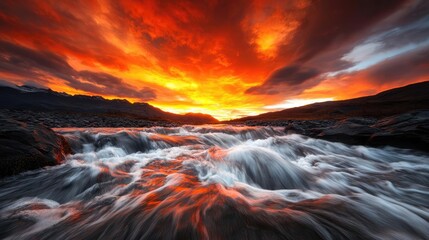 Fototapeta premium River rapids landscapes dramatic concept. Stunning sunset over a flowing river, reflecting vibrant colors in the sky.