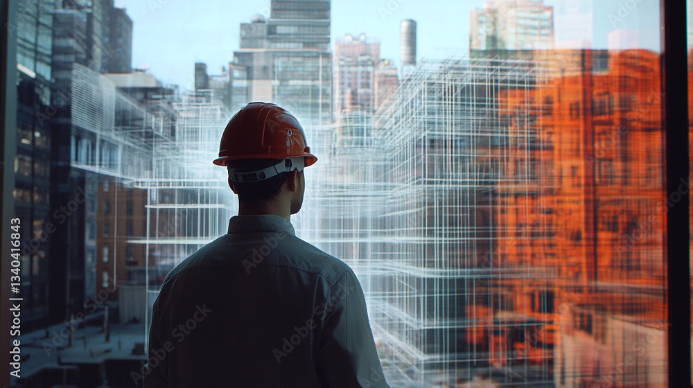 Aufkleber man in hard hat looking at building blueprint overlay and city view from inside a building
