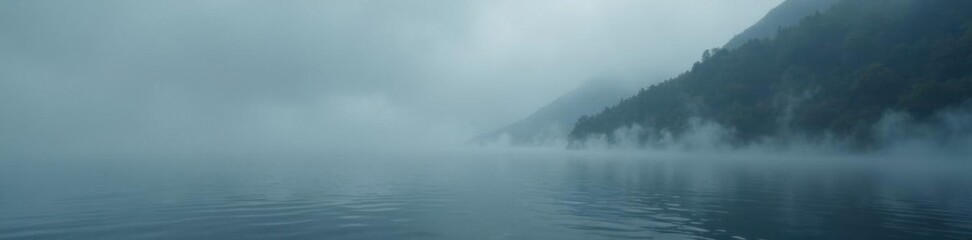 Fototapeta premium Hazy grey mist rises from dark waters, blending with the background abstractly, fog, mysterious, watercolor
