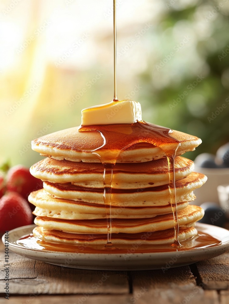 Poster delicious pancake stack with dripping maple syrup and melting butter on rustic wooden table breakfas