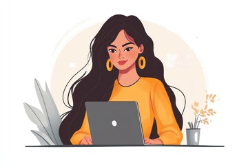 A busy young Indian woman working from her office, seated in front of a laptop, joining an online meeting to discuss important business matters.