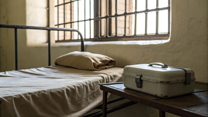 Close-up of a prison cell with a single bed, small barred window, and medical kit on table, symbolizing healthcare and confinement in correctional facilities.