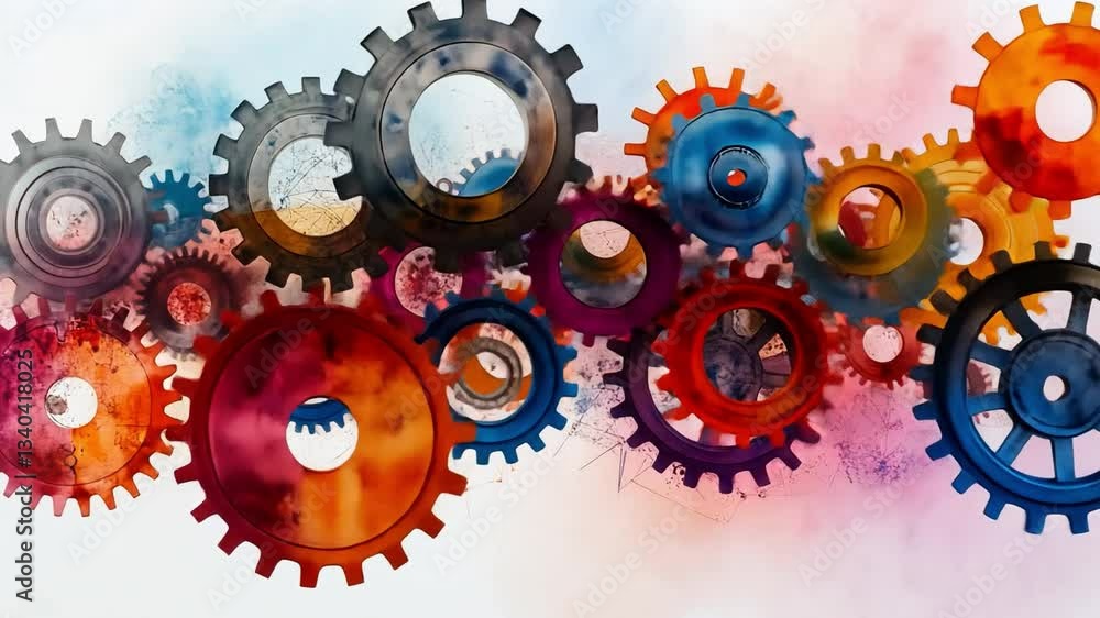 Poster Mechanized Harmony: An artistic display of interconnected gears and cogs, showcasing the synergy of mechanical components in a dynamic and colorful composition.