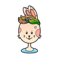 Cute portrait of Easter bunny with decorative plant-based hairstyle. Cartoon character design in color. Sticker. Vector illustration.