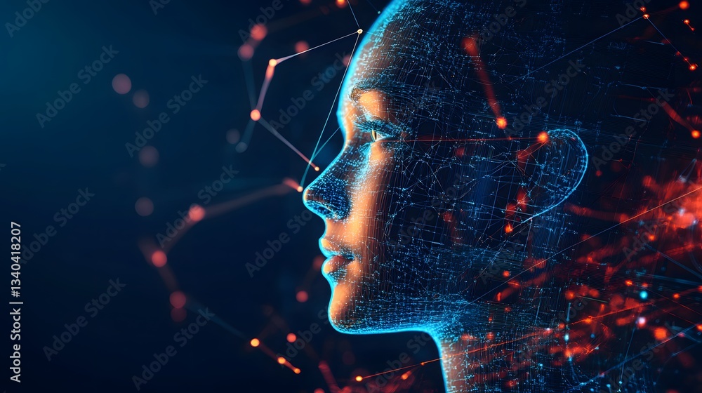 Poster a woman's face is shown in a computer generated image with a blue background. the face is surrounded