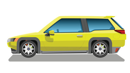 Side view of yellow car with black accents on a white background. Side profile view featuring large wheels with silver rims. Tinted windows and a rear spoiler suggesting a sport or urban design.