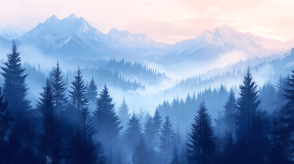 misty morning in the mountains landscape wild nature in winter time