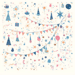 Fototapeta premium Whimsical and festive cake and sweets candy birthday-themed illustrations and celebratory elements in a playful doodle style.