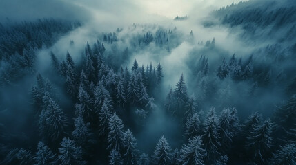 foggy forest landscape wild nature in winter time