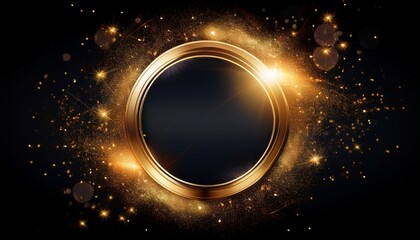 banner golden circle with particle star dust and flares on black background