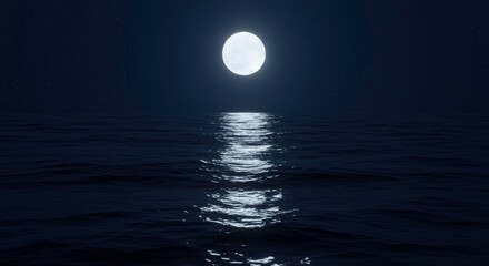 Serene Night Seascape Full Moon Reflecting on Calm Ocean Waters