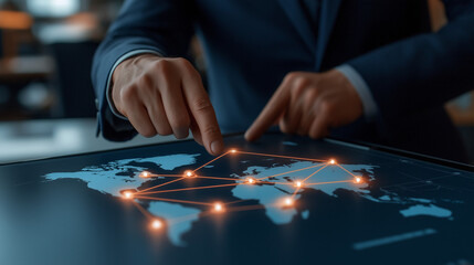 Business Professional Interacting with Digital World Map  