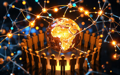 A digital network connects people globally, encircling a glowing world globe. Abstract representation of worldwide communication and interconnectedness.