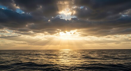 Fototapeta premium Dramatic Ocean Waves at Sunset Sunbeams Reflecting on Dark Water Surface