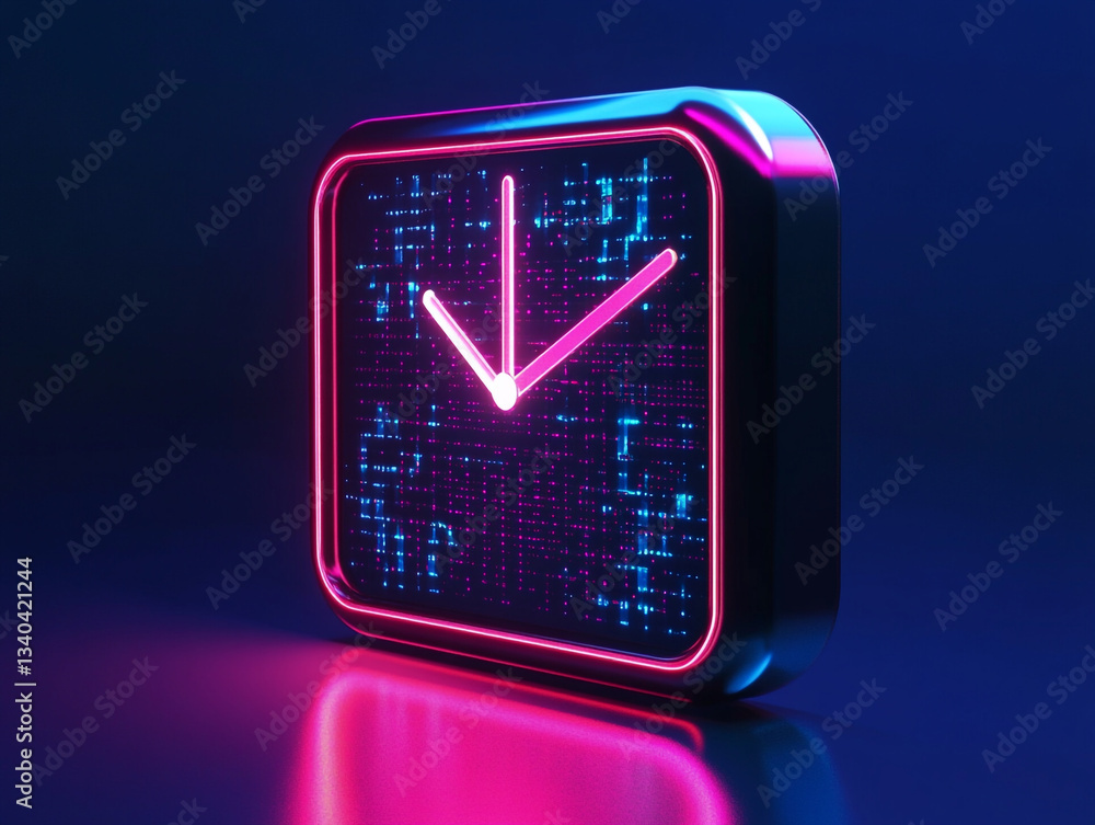 Poster a futuristic neon clock displaying the time with a digital style face and glowing hands on a dark su