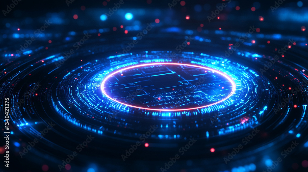 Poster abstract glowing blue and red circular technology background with digital elements around it