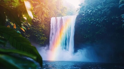 Rainbow waterfall landscapes dramatic concept. A serene waterfall cascades amidst lush greenery, showcasing a vibrant rainbow.