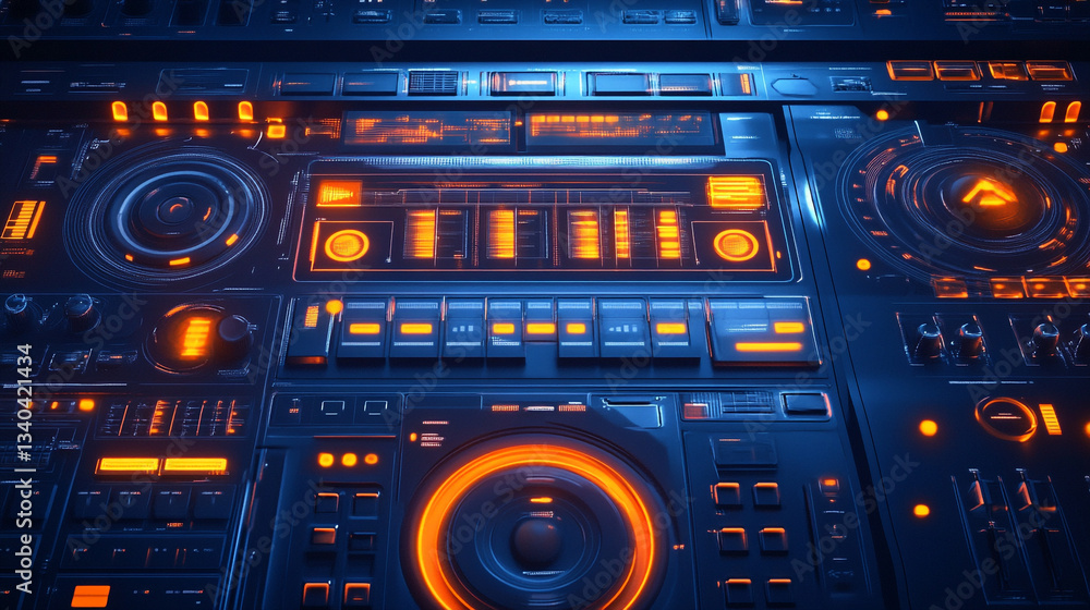 Poster close up of a futuristic control panel with glowing orange lights and various buttons and switches