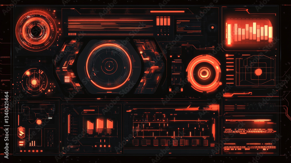 Poster detailed futuristic interface with glowing orange elements on a dark background display panel design