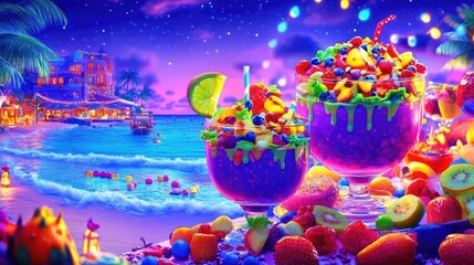 Colorful Tropical Fruit Smoothies on a Scenic Beach at Nighttime