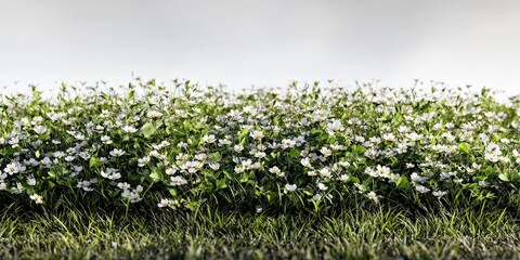 Fototapeta premium White flowers bloom in an expansive meadow. Flowers and grass capture the heart of nature. Scenic outdoor visual embodies the serene beauty of springtime flora.