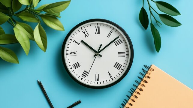Flat Lay of a Round Clock, Square Book, and Triangular Plant Copyspace.