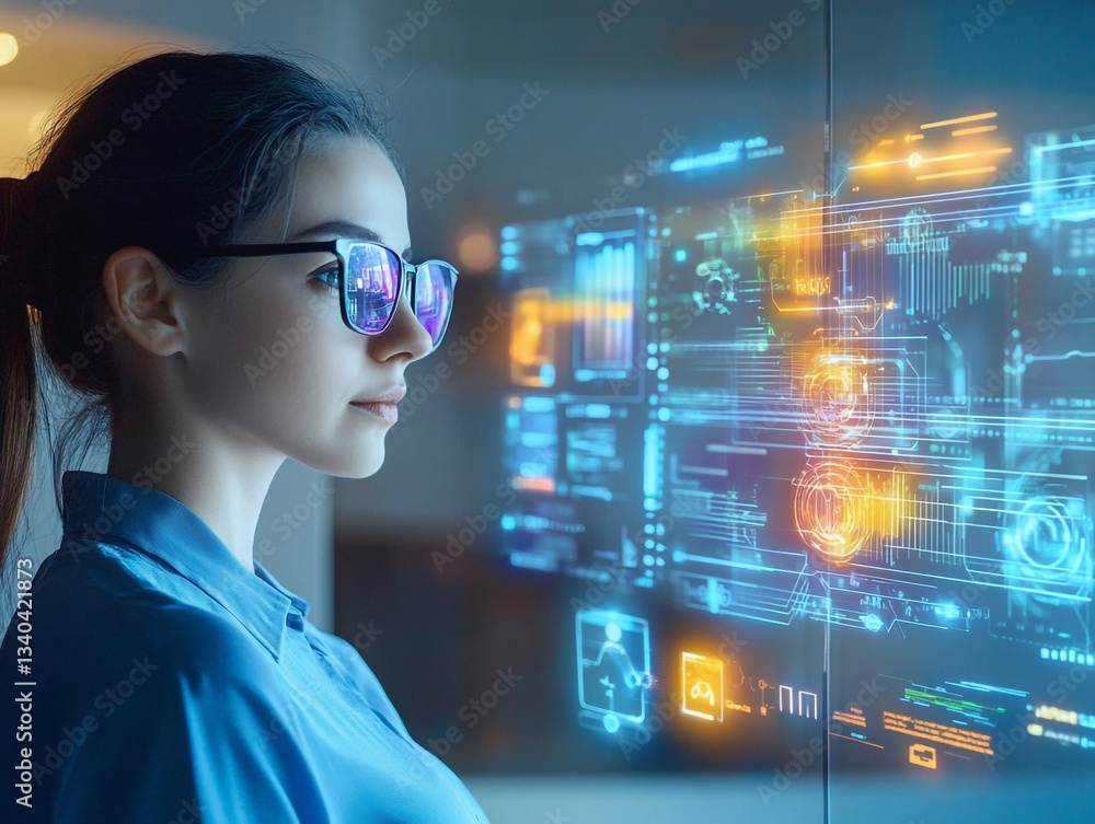 Poster woman with glasses looking at digital interface with glowing charts and data visualizations on a scr