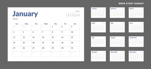 2026 Calendar Planner Set of new Template 12 Monthly Page for Corporate or Personal use. Vector layout of a wall or desk organizer with week start Monday for print. Page for size A4 -21x29.7 cm