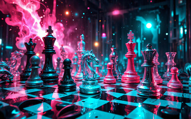 Neon chessboard with chess pieces illuminated by pink and blue neon lights, creating a vibrant futuristic game scene with smoky atmosphere.