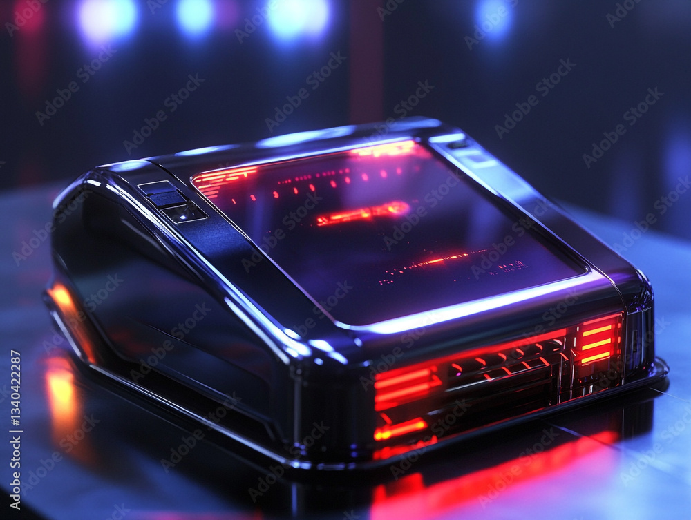 Poster a futuristic device with red lights and a glossy black finish on a reflective surface in a dark sett