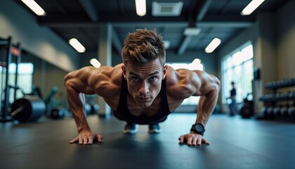 Fototapeta premium Muscular Man Pushups Gym Intense