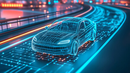 A futuristic car design with glowing blue lines on a circuit board like road with blurred background