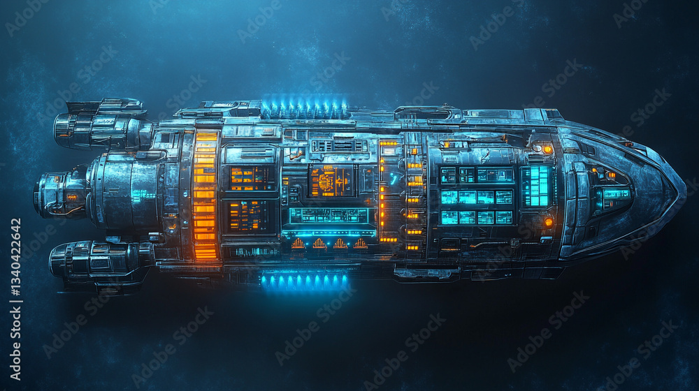 Poster a futuristic spaceship with glowing lights and intricate details in a dark space environment