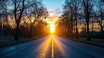 Beautiful sunrise over an empty street on January 1st, symbolizing a fresh start, new beginnings, and peaceful winter mornings, perfect for lifestyle, inspirational, and seasonal imagery.