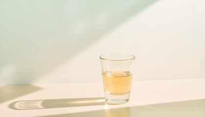 Glass of light-colored beverage on a minimalistic background  