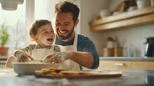 Happy father and son cooking together in the kitchen. Father's Day 