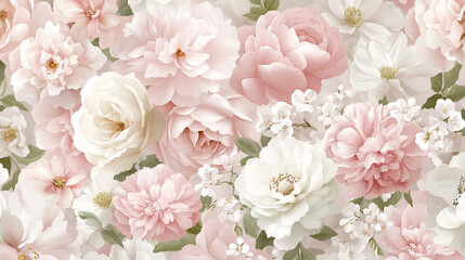 A vibrant arrangement of pink and white flowers design background, Close up of beautiful pink and white beige peony flowers decorative textured, Delicate blooming  light pink flowers background.