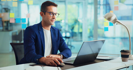 Business, laptop and man in office, planning and problem solving for project, creativity and...
