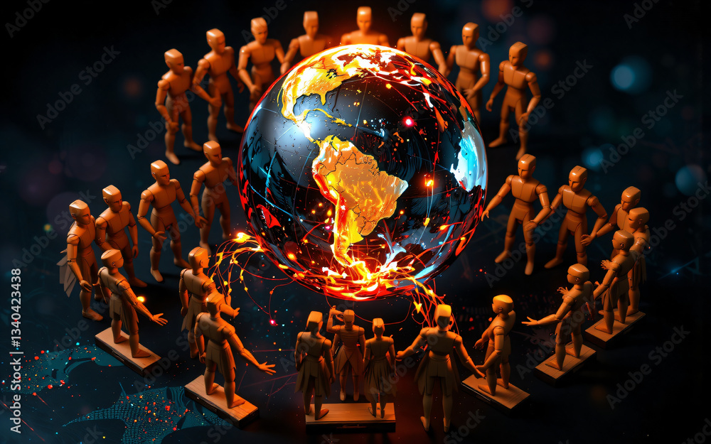 Poster wooden figures stand in a circle around a glowing globe, representing global unity and connection on