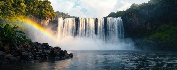 Rainbow waterfall landscapes dramatic concept. Majestic waterfall surrounded by lush greenery and a vibrant rainbow.