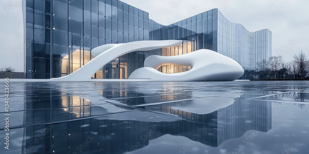Poster sleek modern architecture with fluid design and reflective surfaces