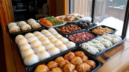 A beautiful spread of assorted Asian dishes displayed on a wooden table, featuring sushi, dumplings, and colorful stir-fried vegetables, Ideal for food blogs, restaurant menus, or catering services,