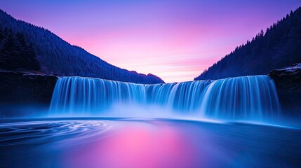 Fototapeta premium Rainbow waterfall landscapes dramatic concept. A stunning waterfall surrounded by vibrant colors during sunset.